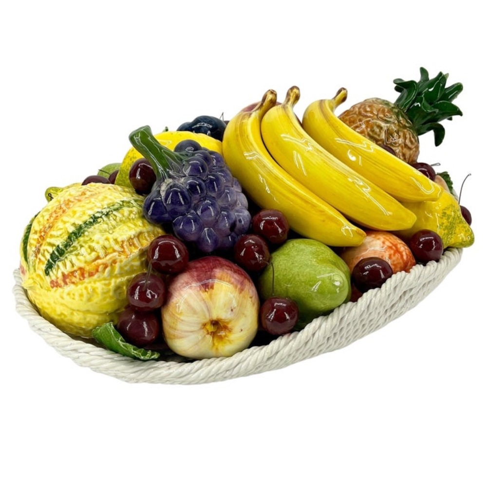 Italian Glazed Ceramic Fruit Basket Figure Sculpture antique